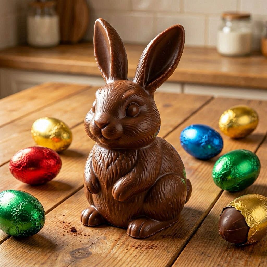 A realistic 3D render of a cute chocolate Easter bunny with glossy surface and delicate molded details, placed on a wooden table with scattered foil-wrapped eggs, cinematic lighting with soft shadows, rendered in Octane with high detail.