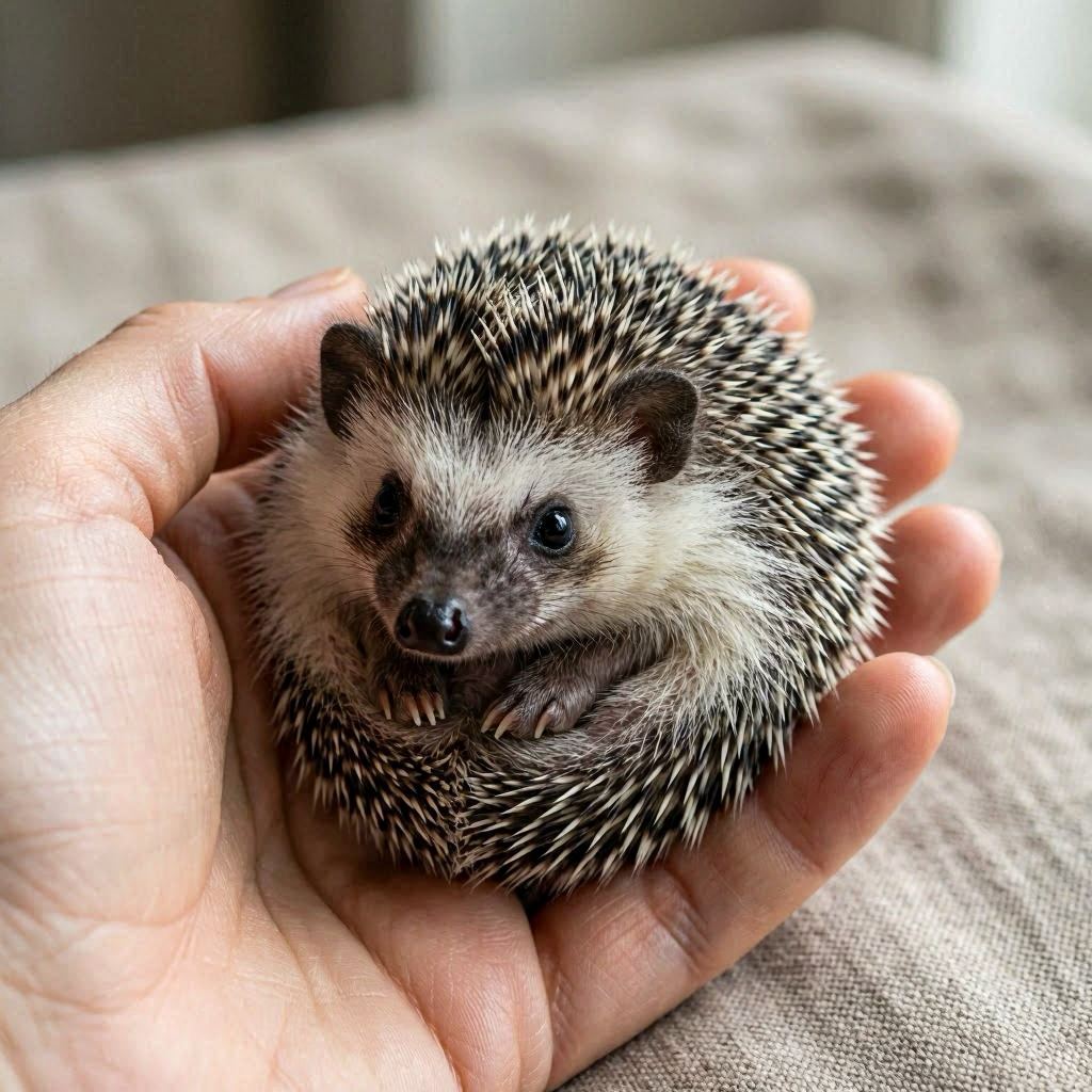 A tiny black-and-white baby hedgehog held delicately in a hand, quills softly illuminated by diffused natural light, neutral-toned backdrop for contrast, extreme close-up macro shot with razor-sharp detail on fur and eyes, 105mm macro lens.