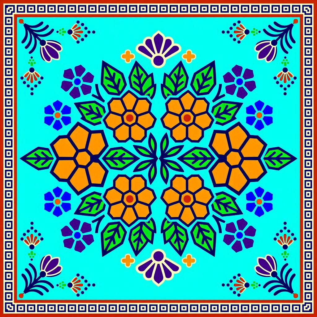 A crisp vector art reinterpretation of traditional Indonesian batik, stylized with bold geometric outlines around orange flowers, green leaves, and blue-purple blossoms on a turquoise base, flat color fills, symmetrical layout, high-contrast palette for modern graphic appeal.