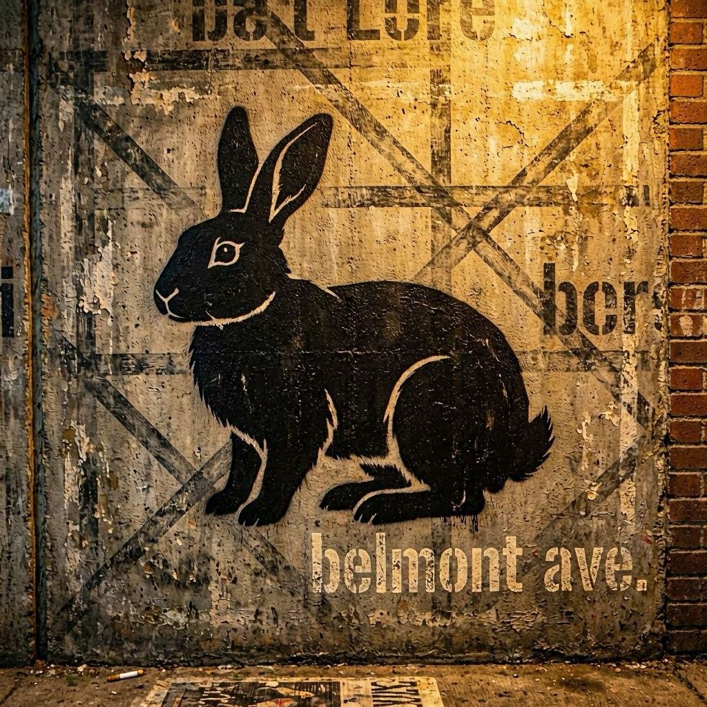 A black bunny silhouette with upright ears and curved back, placed over a gritty wall texture with diagonal line patterns and faded “BELMONT AVE.” lettering, urban stencil art style, warm tungsten streetlight glow, shallow depth of field for atmospheric focus.