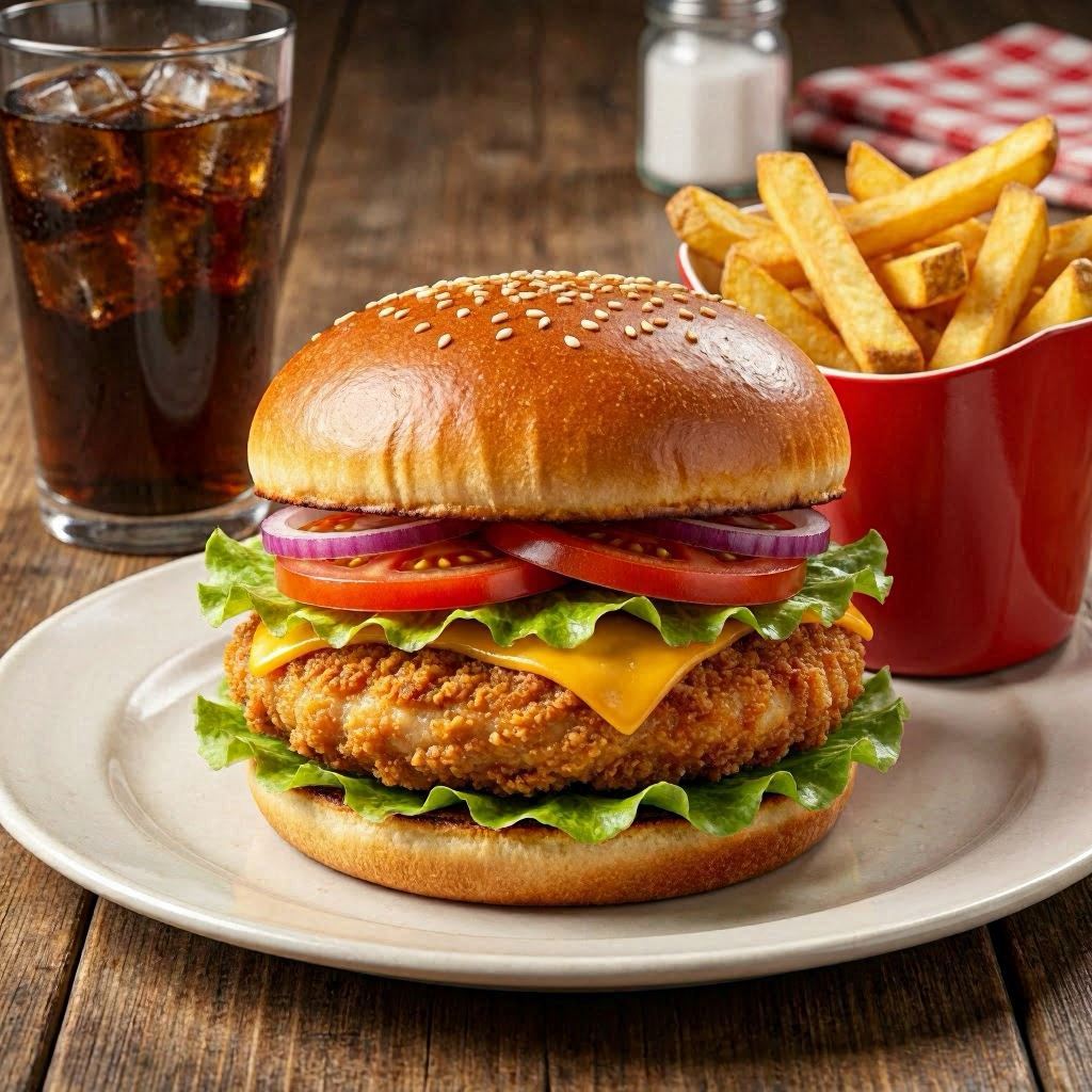 A hyper-realistic 3D render of a crispy chicken burger with lettuce, tomato, red onion, and cheese, fries in a glossy red container, soda with ice cubes, rendered in Unreal Engine 5 with ray-traced reflections, high contrast studio lighting, ultra-sharp textures.