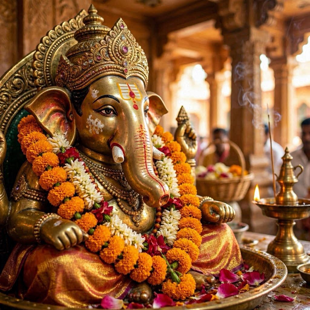 An intricate close-up of the decorated idol of Lord Ganesha at Ganpatipule Temple, adorned with marigold garlands and fresh flowers, soft diffused temple lighting creating a warm glow, shallow depth of field with creamy bokeh, captured using a 100mm macro lens.